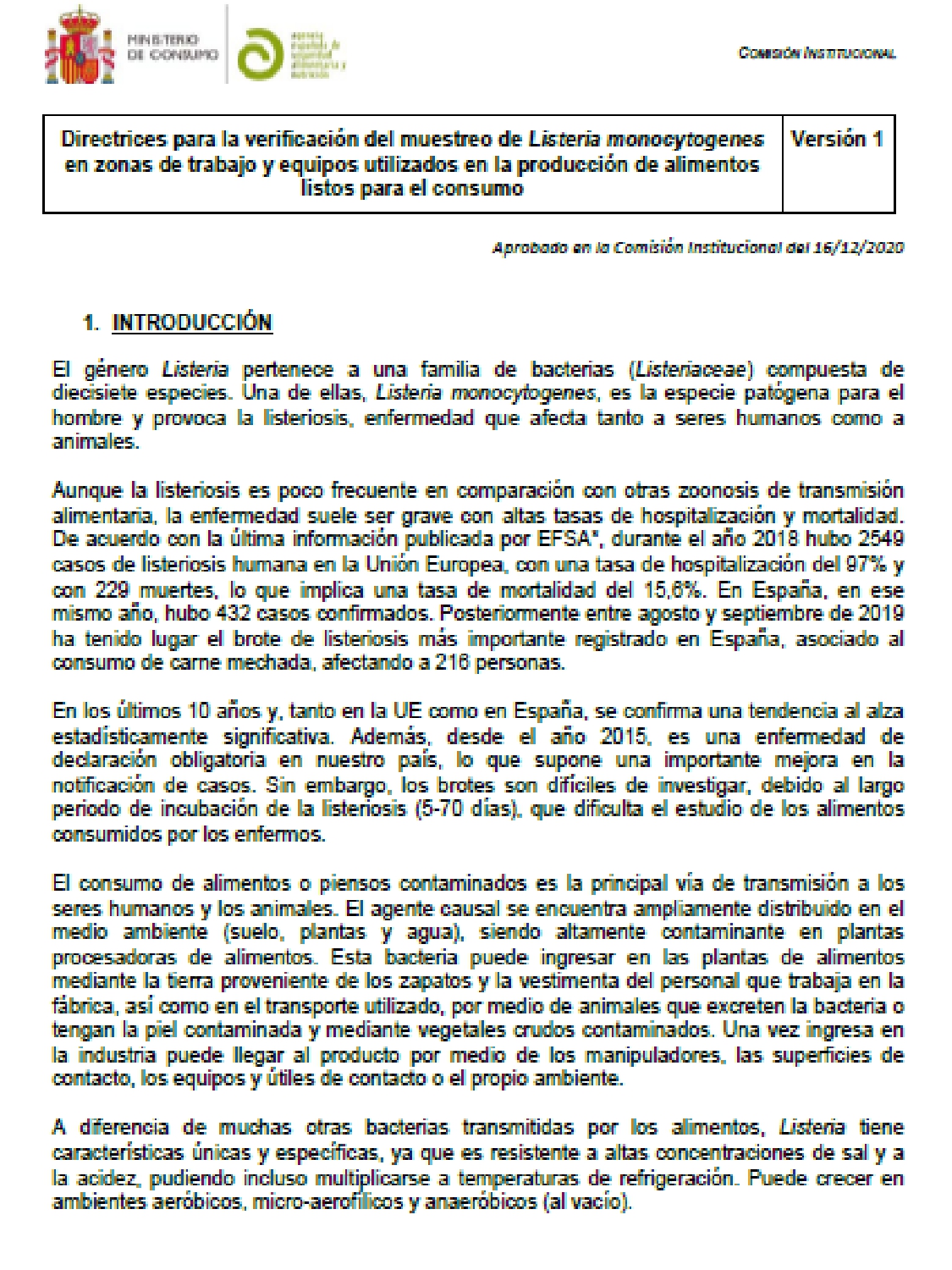 Directrices para la verificación del muestreo de Listeria monocytogenes en zonas de trabajo y equipos utilizados en la producción de alimentos listos para el consumo