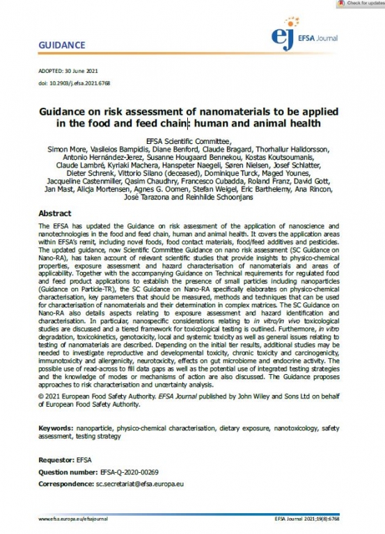 Guidance on risk assessment of nanomaterials to be applied in the food and feed chain: human and animal health