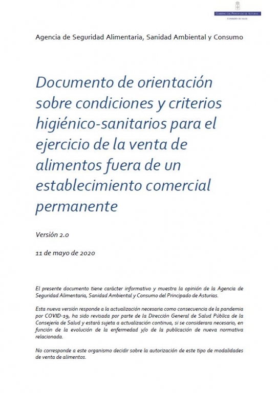 Documento de orientación sobre condiciones y criterios higiénico‐sanitarios para el ejercicio de la venta de alimentos fuera de un establecimiento comercial permanente