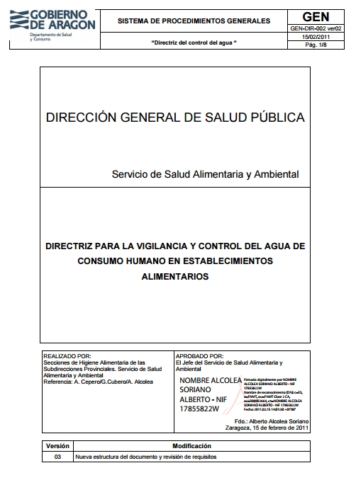 Directriz para la vigilancia y control del agua de consumo humano en establecimientos alimentarios