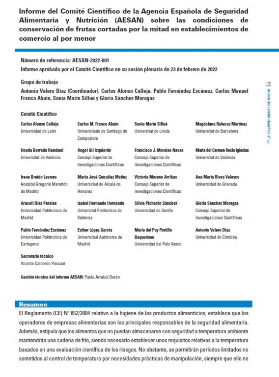 Informe del Comité Científico de la Agencia Española de Seguridad Alimentaria y Nutrición (AESAN) sobre las condiciones de conservación de frutas cortadas por la mitad en establecimientos de comercio al por menor